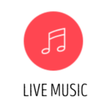 Red circle with music notes and live music