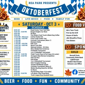 Flyer for Rea Park Oktoberfest, Saturday, October 3, featuring food, live music, activities and family fun.
