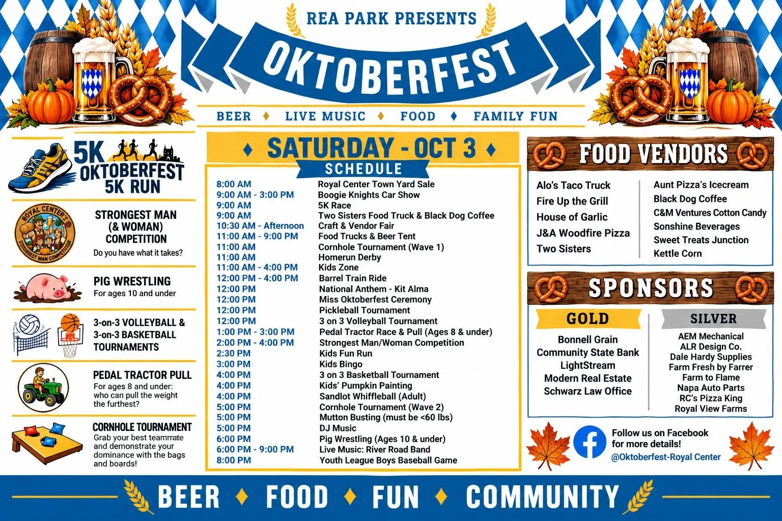 Flyer for Rea Park Oktoberfest, Saturday, October 3, featuring food, live music, activities and family fun.