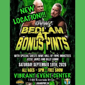Event flyer for OVW Bedlam at Bonus Points, a free all-ages wrestling show at 5 p.m. Saturday, September 19, 2026, at Vibrant Event Center, 1100 Riverside Drive in Logansport, featuring special guests WWE Hall of Fame inductees Jesse James and Billy Gunn.