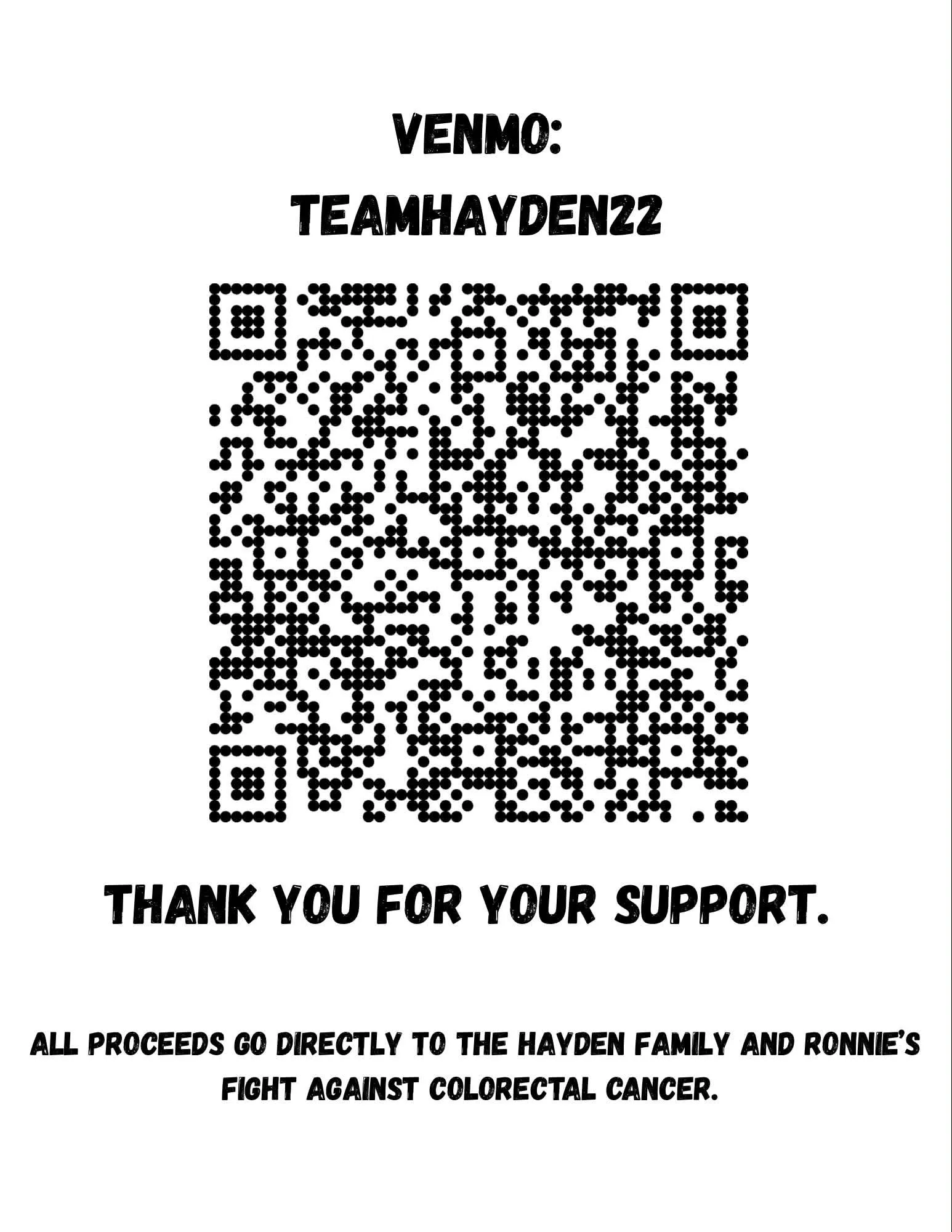 Venmo donation QR code for Team Hayden. Venmo: TEAMHAYDEN22. Proceeds support the Hayden family.