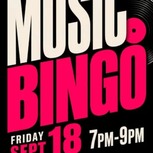 Event flyer for Music Bingo from 7–9 p.m. Friday, September 18 at Science Project Brewing Co.