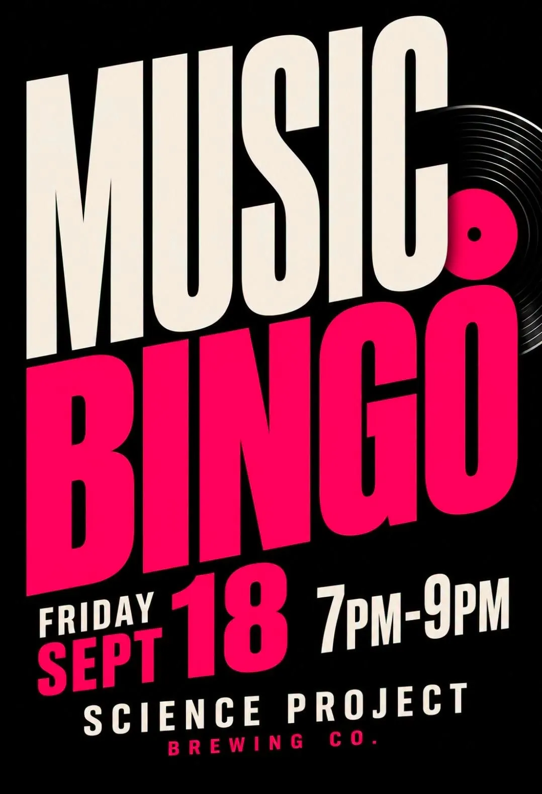 Event flyer for Music Bingo from 7–9 p.m. Friday, September 18 at Science Project Brewing Co.