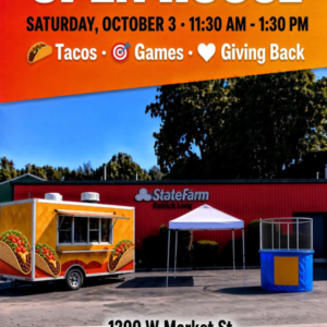 Flyer for State Farm Patrick Long Open House, Saturday, October 3, from 11:30 a.m. to 1:30 p.m. at 1200 W. Market St.