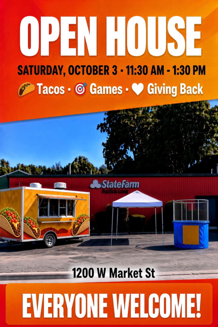 Flyer for State Farm Patrick Long Open House, Saturday, October 3, from 11:30 a.m. to 1:30 p.m. at 1200 W. Market St.