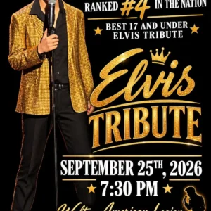 Flyer for an Elvis tribute show featuring Ayden Maloy on September 25, 2026, at 7:30 p.m. at the Walton American Legion. Maloy is pictured on stage wearing a gold jacket and holding a microphone. The flyer says he is ranked #4 in the nation for best 17 and under Elvis tribute.