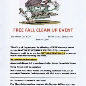Free Fall Clean Up event flyer for Sept. 26, 2026, in Logansport.