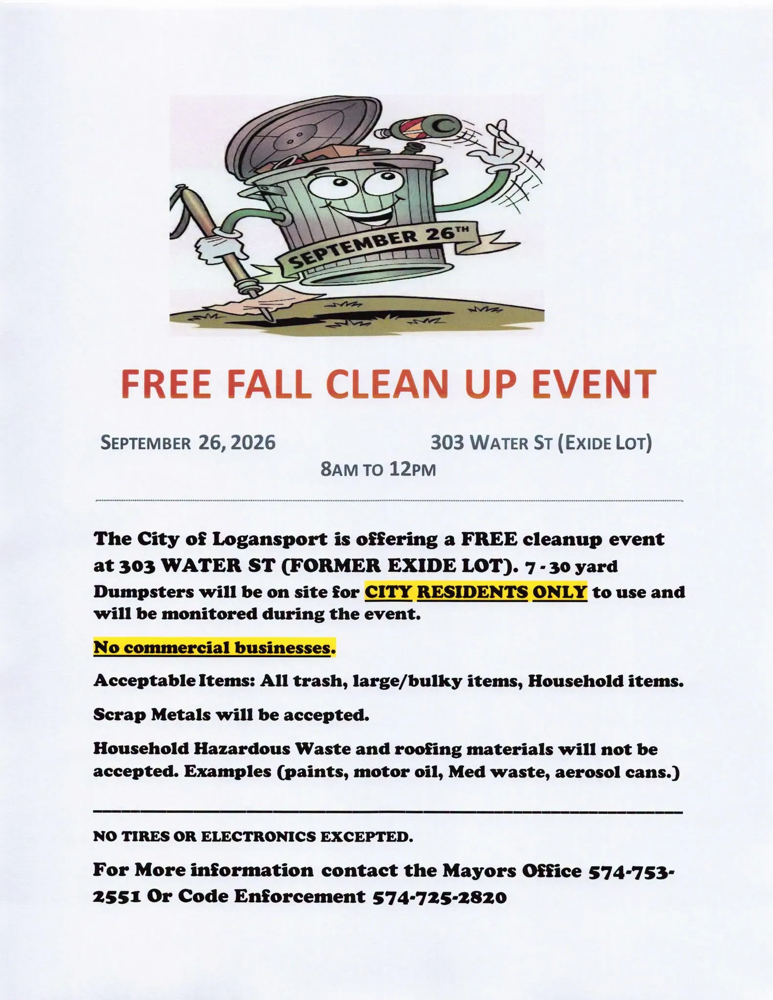 Free Fall Clean Up event flyer for Sept. 26, 2026, in Logansport.