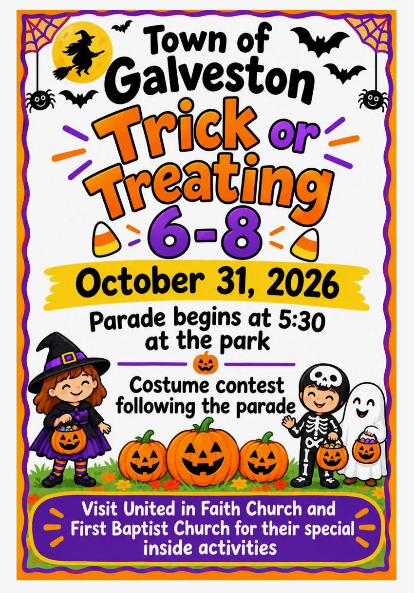 Flyer for Town of Galveston Trick or Treating, 6–8 p.m. October 31, 2026.