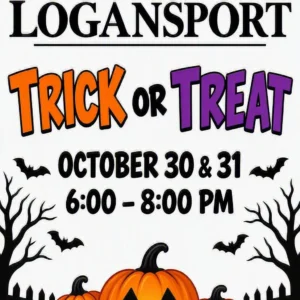 City of Logansport Trick or Treat hours are October 30 and 31 from 6 to 8 p.m. Graphic features orange and purple lettering, bats, bare trees and three jack-o’-lanterns.